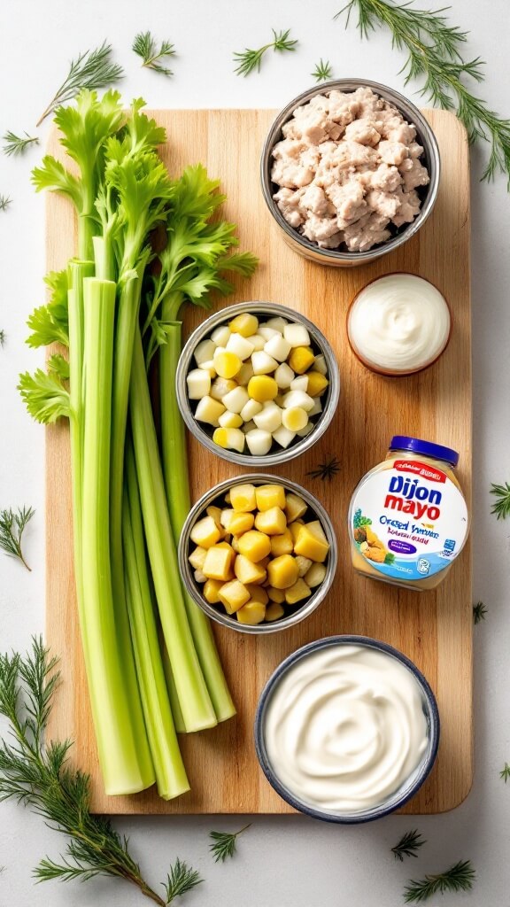 Professional food photography setup with ingredients for tuna salad including albacore tuna, celery, onion, pickles, greek yogurt, mayo, dijon mustard and dill on a wooden cutting board