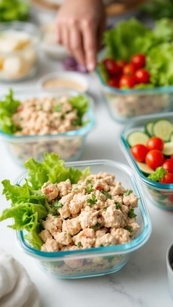 Tuna salad being portioned into glass containers with lettuce, cherry tomatoes, and cucumber slices for meal prep