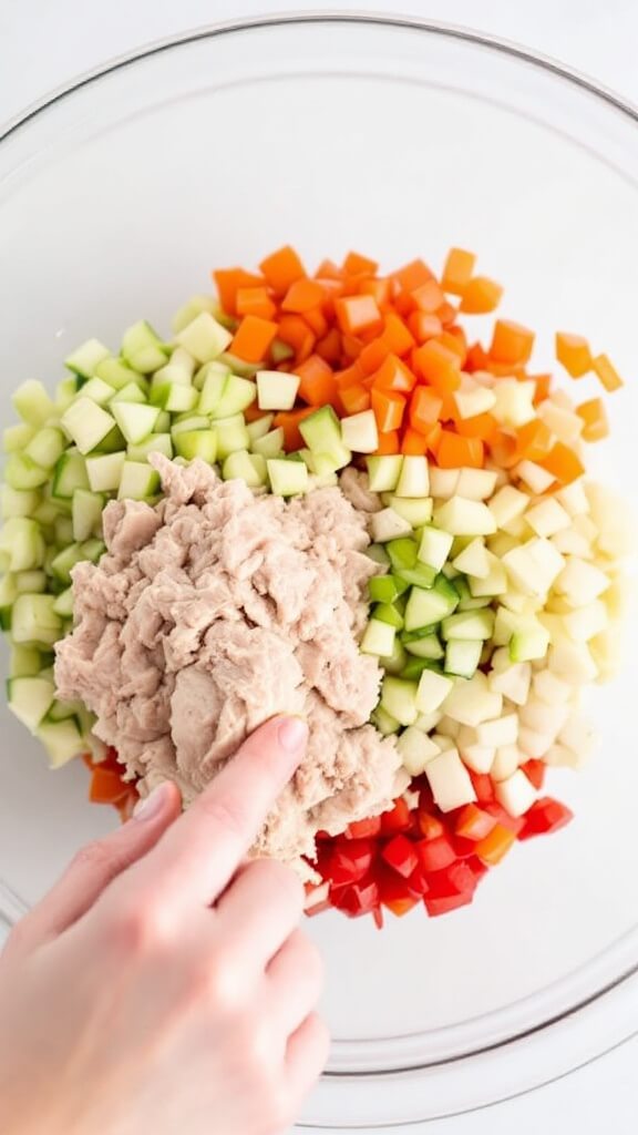 Action shot of flaked tuna being mixed with diced vegetables in a large glass bowl