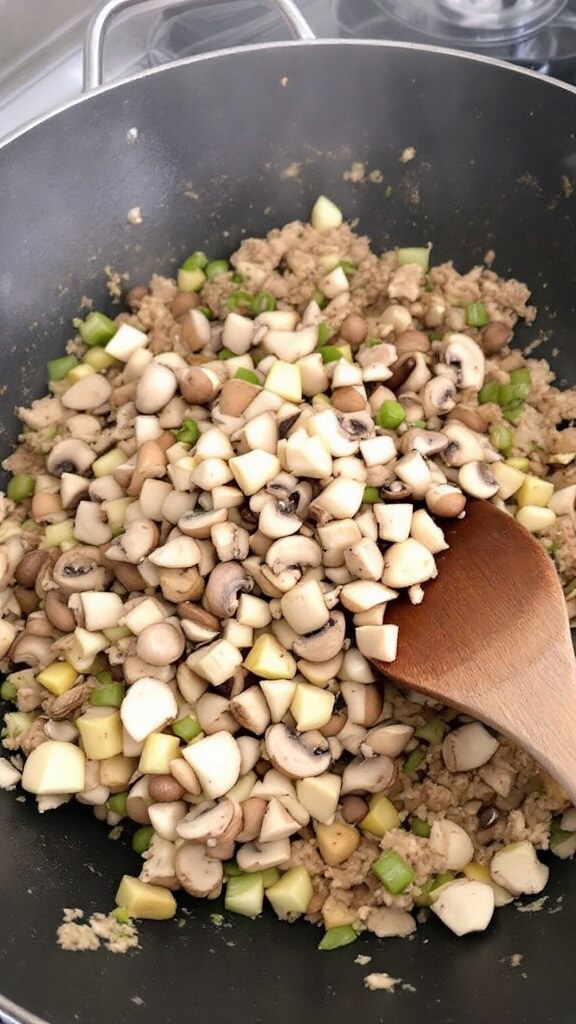 Asian Turkey Lettuce Wraps 6 Adding mushrooms and water chestnuts to turkey mixture in a wok