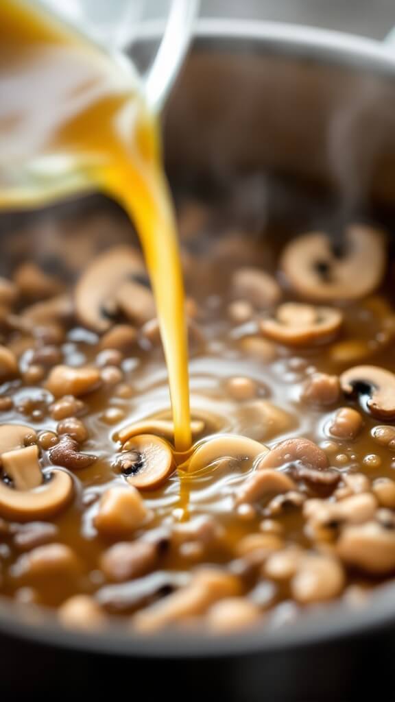 Shiitake Mushroom Soup (Creamy &Amp; Comforting) 6 Steaming vegetable stock being poured into mushroom mixture, forming bubbles and creating a rich brown broth