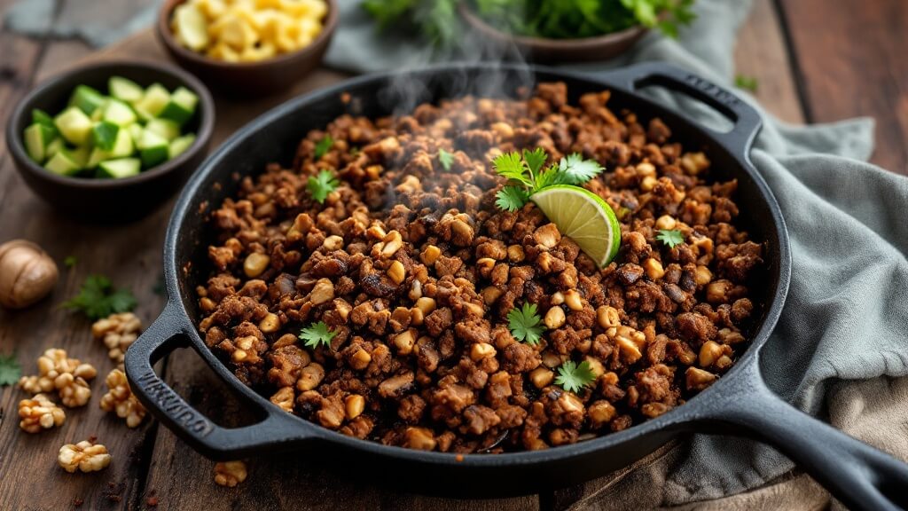 Walnut Taco &Quot;Meat&Quot; (Vegan, Gluten-Free Option) 2 "overhead shot of walnut-mushroom taco meat in a cast iron skillet with visible spices and steam, surrounded by garnishes of avocado, lime, and cilantro on a rustic wooden surface. "