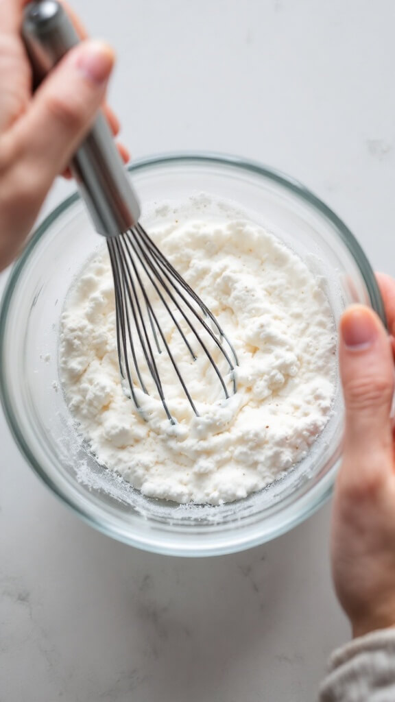Hands whisking cornstarch and cold water in a clear bowl till smooth