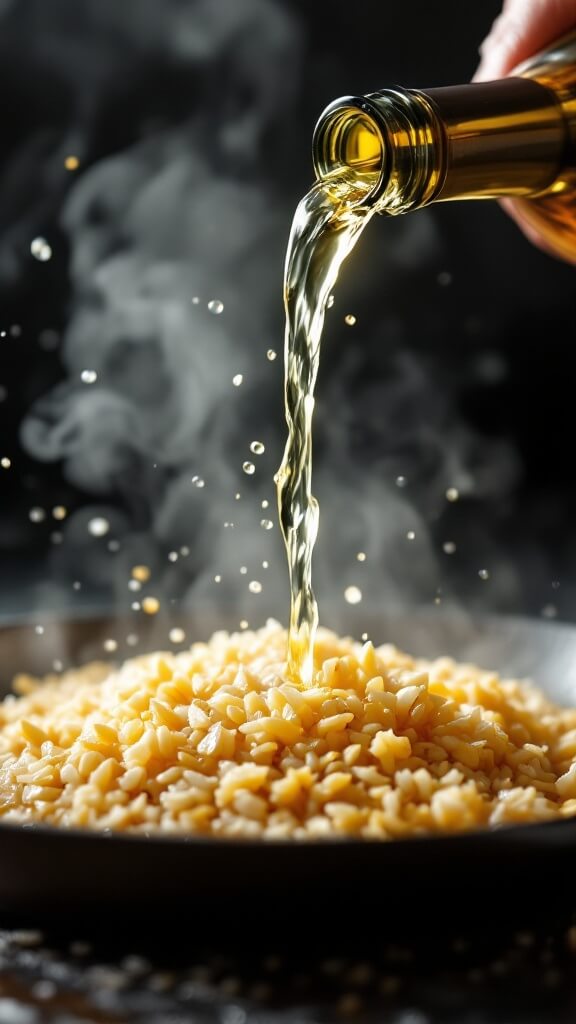 Fresh Green Pea Risotto With Lemon &Amp; Mint 6 White wine being poured into a pan of toasted rice, causing steam and bubbles