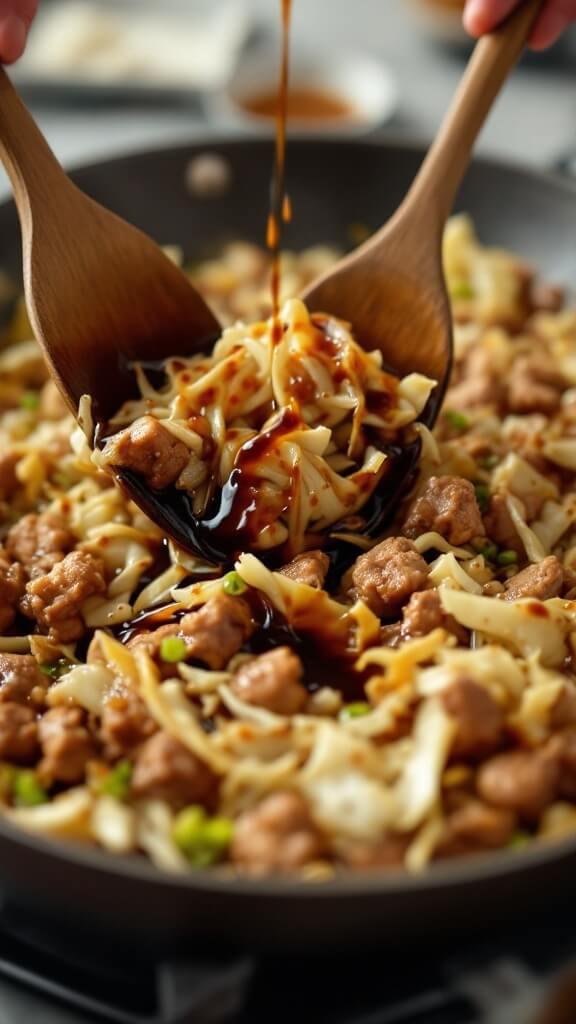 Hands mixing cabbage and meat with wooden spatulas while drizzling soy sauce and rice vinegar