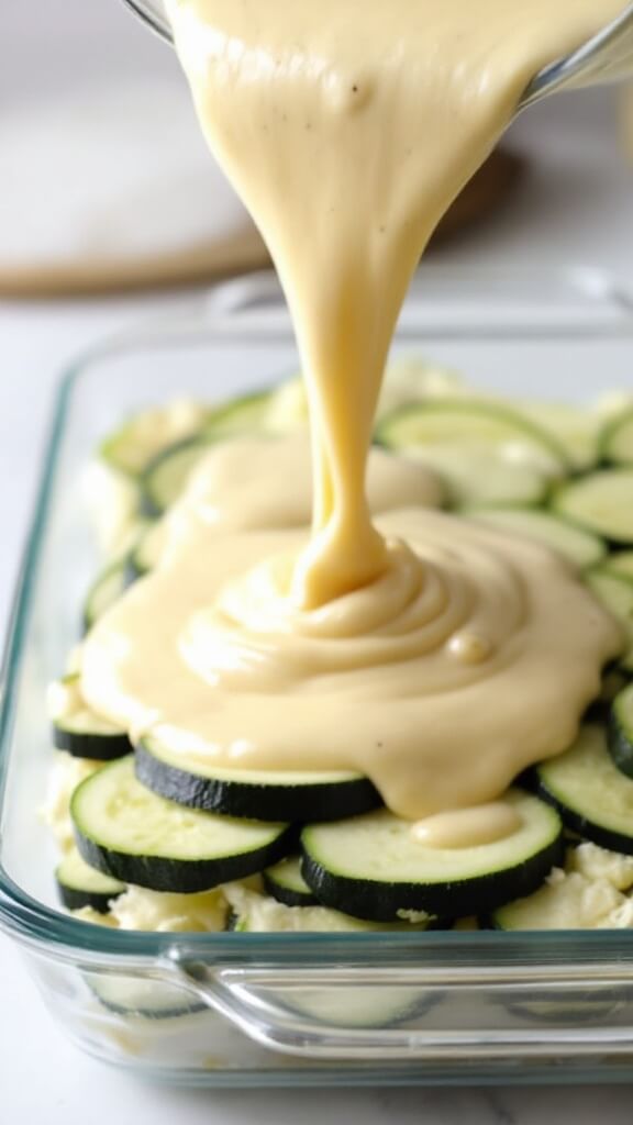 Layering zucchini and creamy cheese sauce in a glass baking dish, side view
