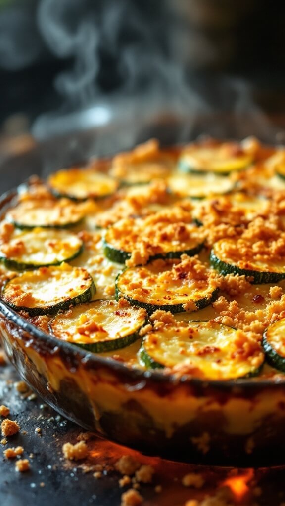 Golden-brown zucchini gratin fresh from the oven with a crispy breadcrumb and cheese topping, steam rising gently