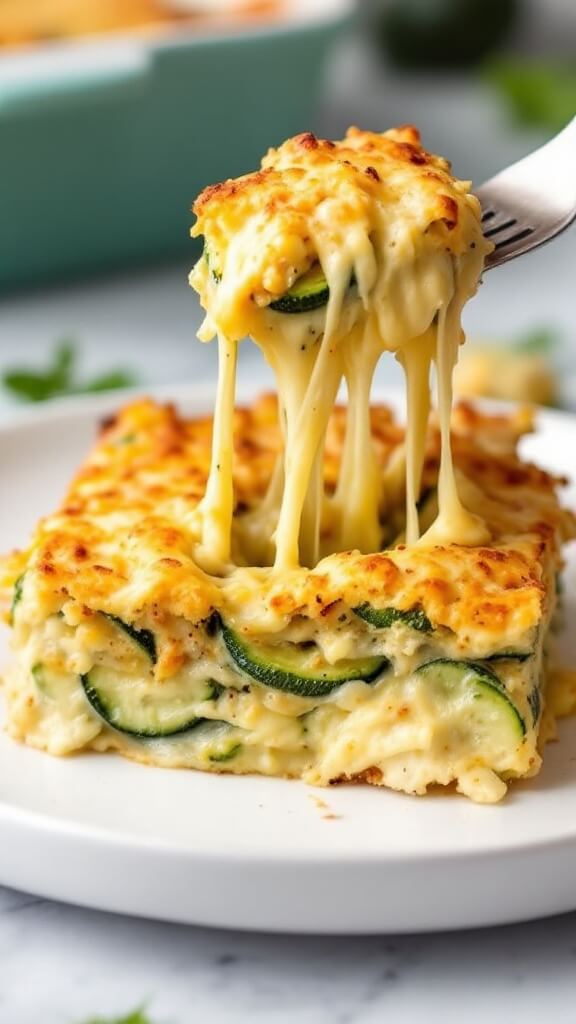 Served portion of zucchini gratin on a plate with distinct layers and stretching melted cheese