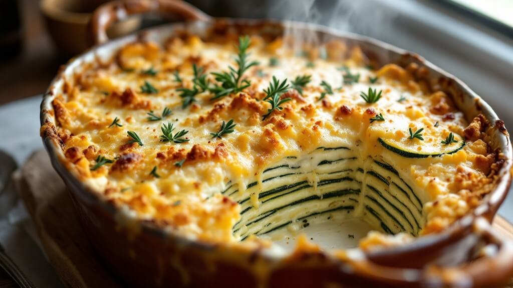 "zucchini gratin with golden-brown breadcrumb and cheese topping in a rustic ceramic dish, garnished with fresh thyme sprigs and visible cheese pull from a removed portion"