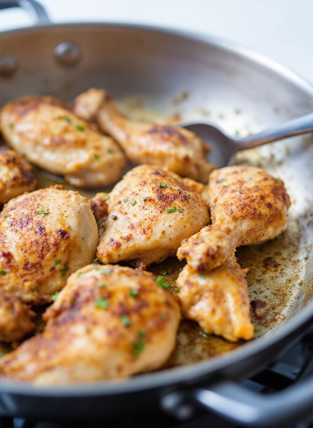 Creamy Keto Chicken Alfredo With Cauliflower Noodles 4 Sizzling golden brown chicken in a stainless steel skillet
