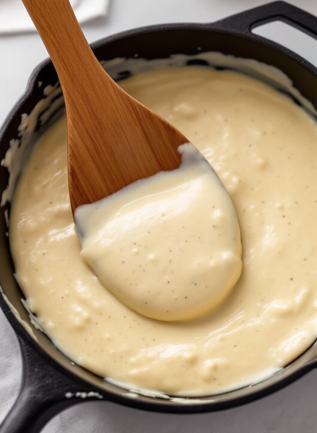 Creamy Keto Chicken Alfredo With Cauliflower Noodles 6 Creamy alfredo sauce on a wooden spoon over a cast iron pan