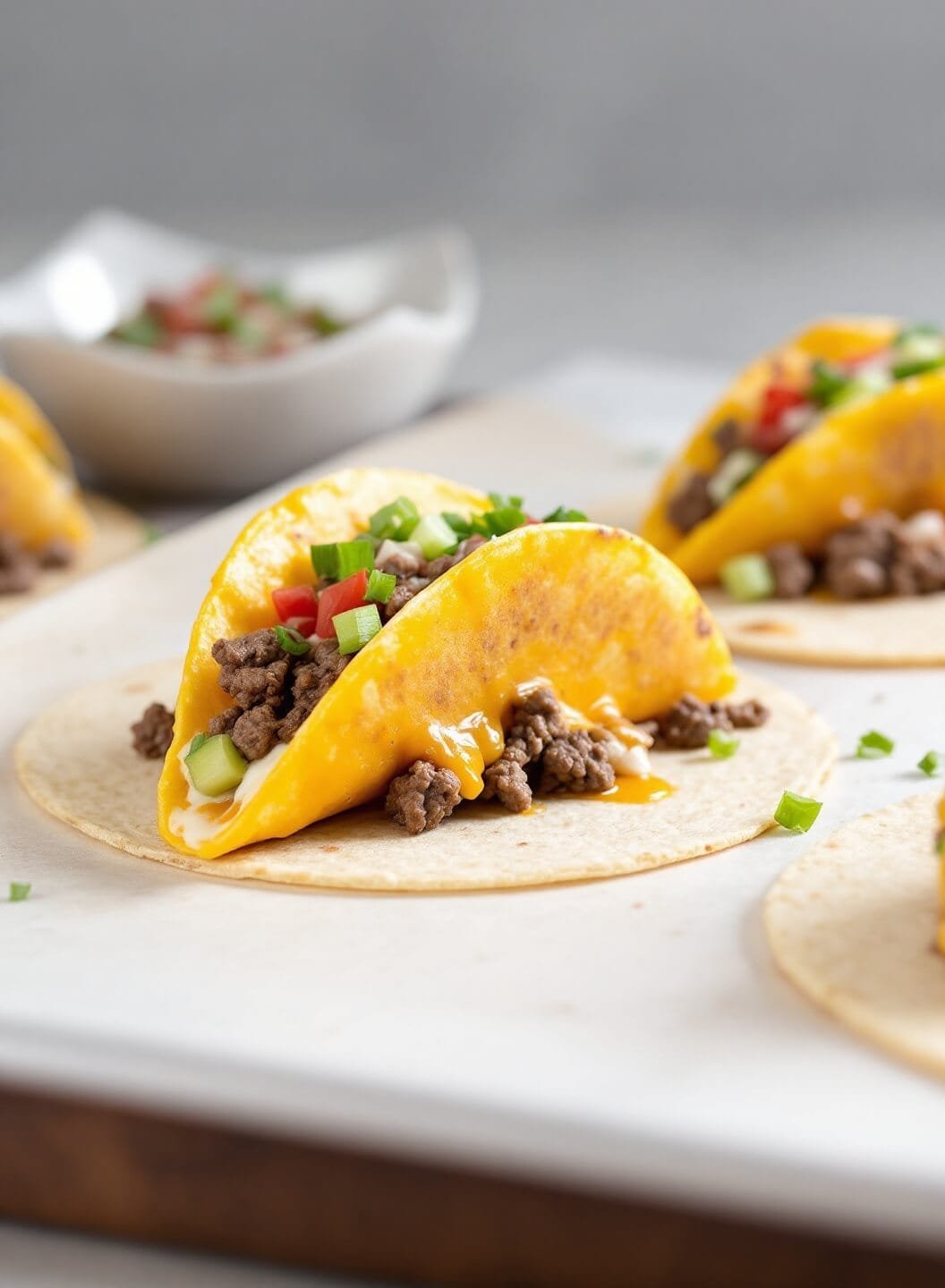 Authentic Keto Beef Tacos With Cheese Shells Or Lettuce Wraps 6 Golden cheese shell taco filled with seasoned beef.