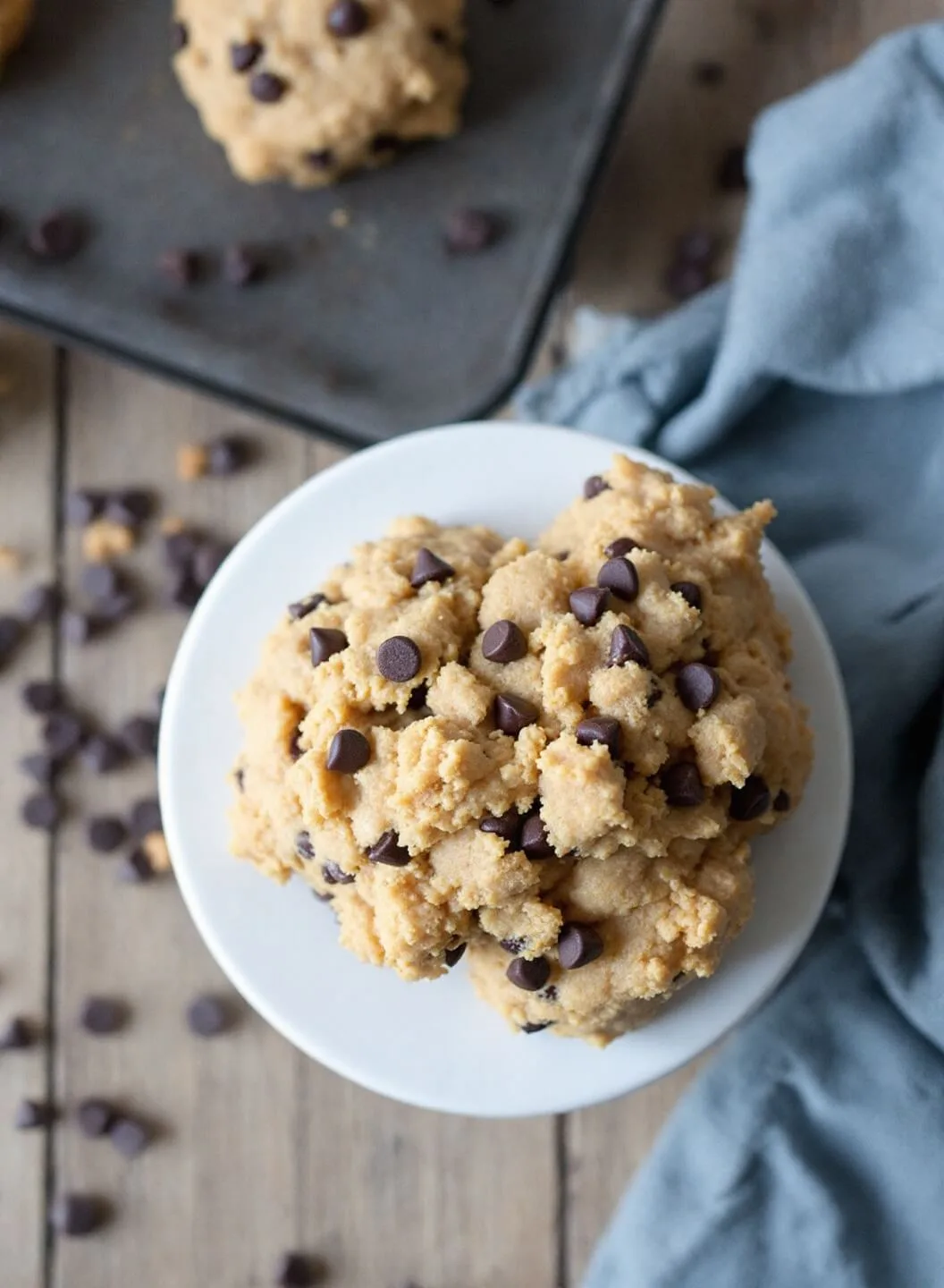 Close-up view of cookie dough with chocolate chips