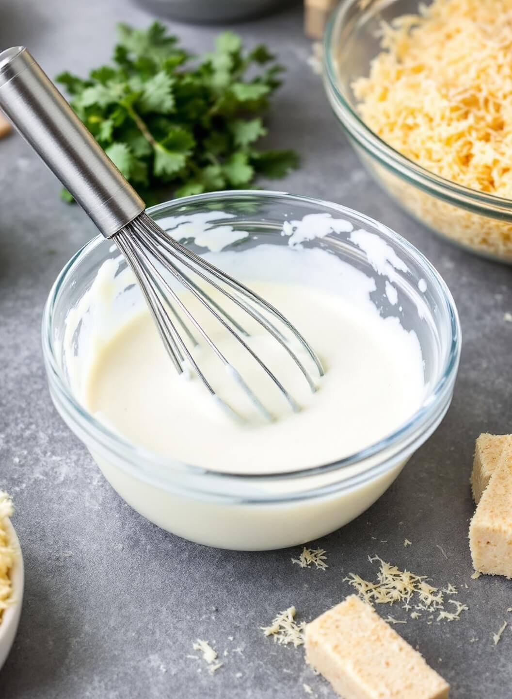 Homemade Keto Caesar Salad (No Croutons) 4 Blending creamy caesar dressing with mayo, dijon, and parmesan in a glass bowl using a golden whisk in a kitchen setting.