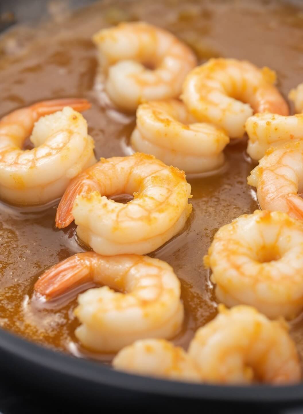Quick Garlic Butter Shrimp Scampi With Zucchini Noodles 5 Closeup of sizzling shrimp in butter sauce with steam rising from a golden pan