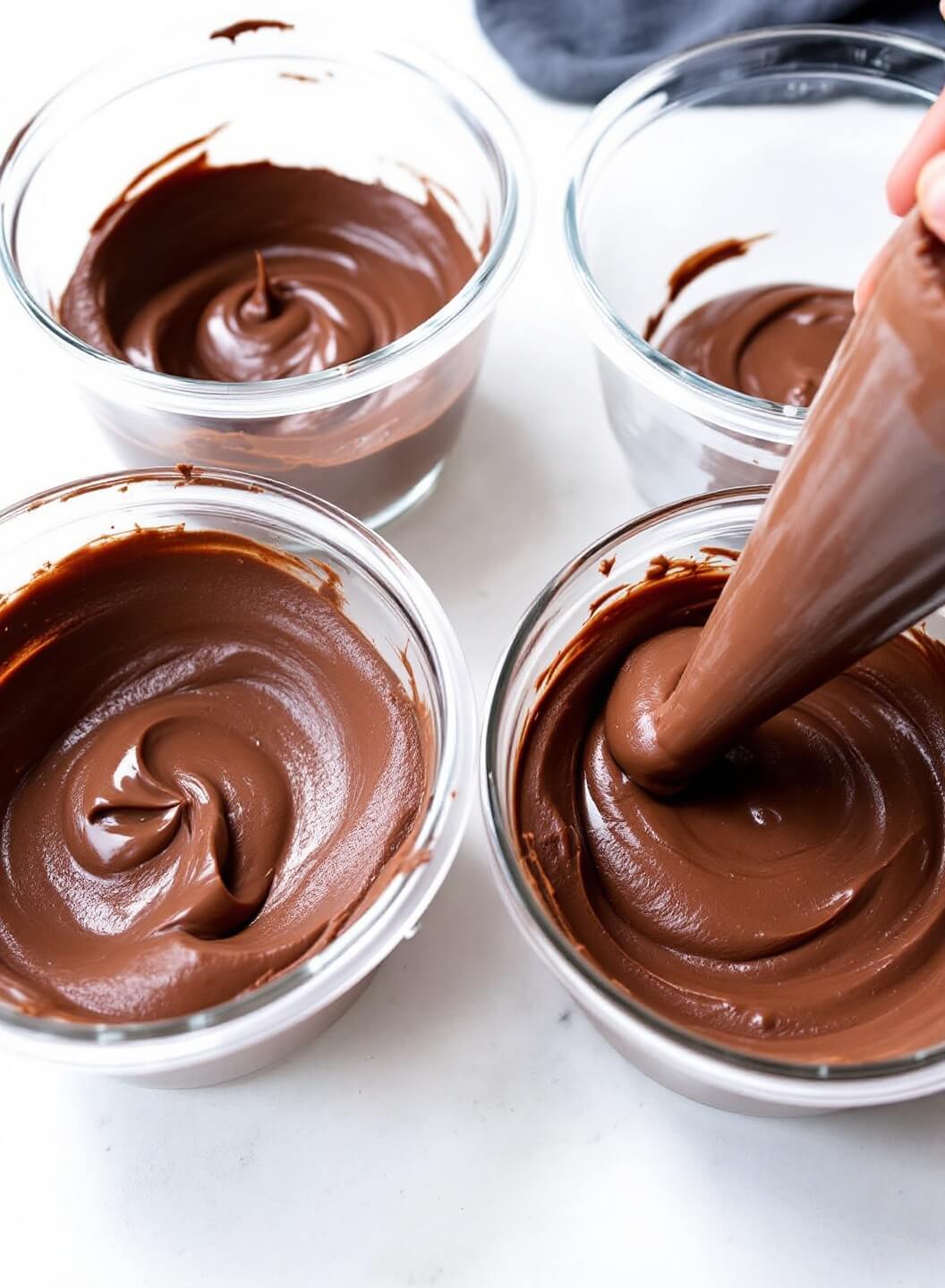High-Protein Chocolate Mousse (Ready In 15 Minutes!) 6 Piping glossy chocolate mousse into four clear glass dessert bowls