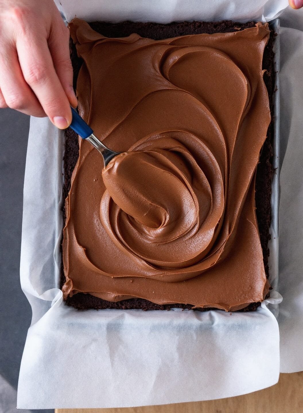 Triple-Layer Keto Chocolate Cake 5 Spreading espresso mousse over a set chocolate layer