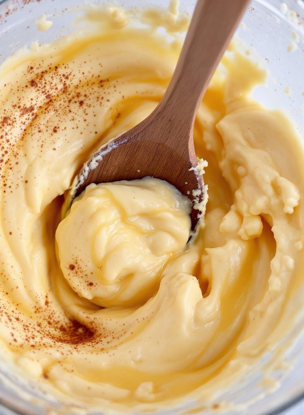 Ww Banana Pancakes (Healthy, Quick &Amp; Flourless Option) 3 Close-up of wooden spoon mixing beaten eggs and mashed bananas for pancake batter, with visible specks of cinnamon