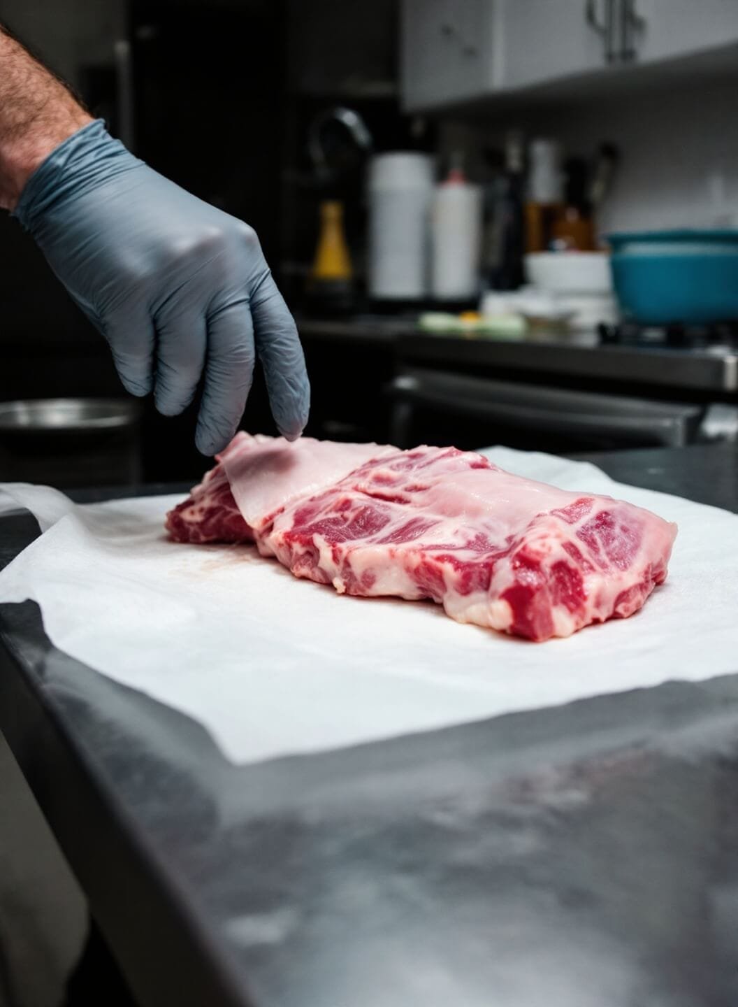 Sticky Bbq Ribs With Sugar-Free Bbq Sauce 3 Raw ribs with membrane being removed on a brightly lit kitchen counter.