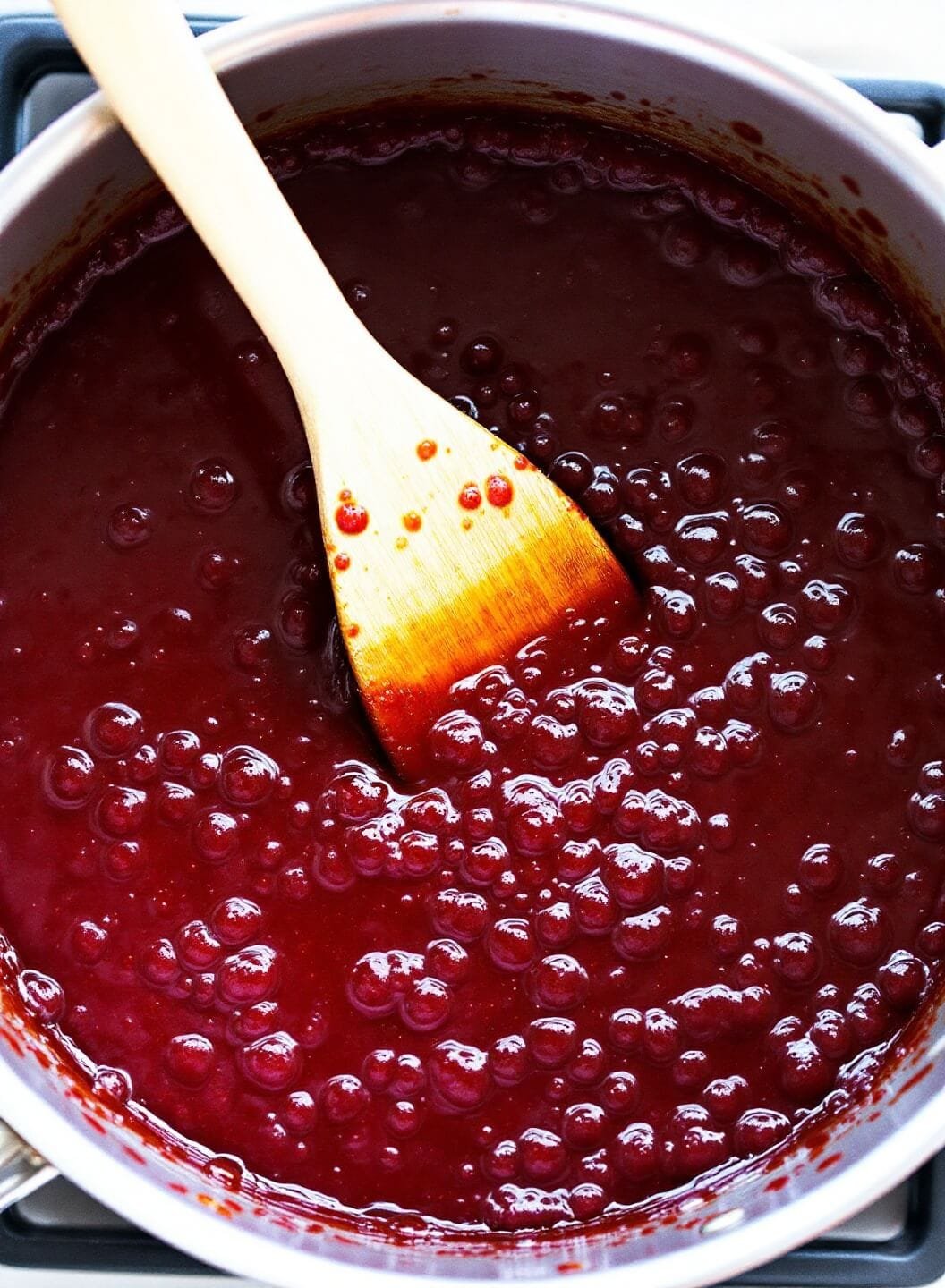 Sticky Bbq Ribs With Sugar-Free Bbq Sauce 6 Simmering bbq sauce in a saucepan with a rich, dark red color and visible bubbles