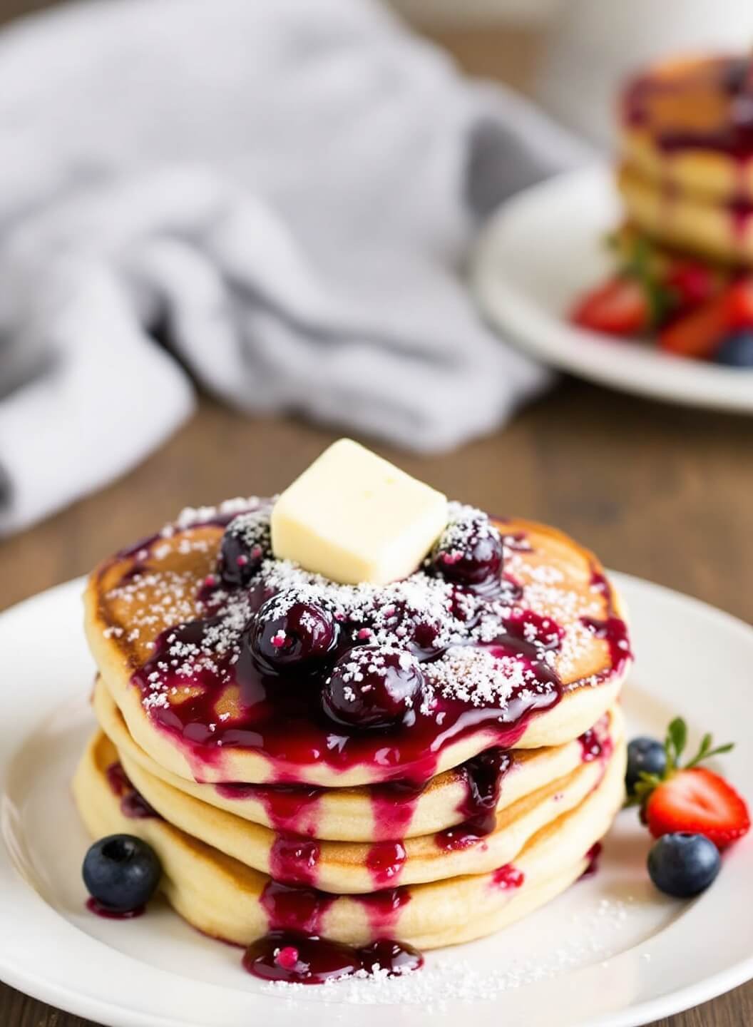 Fluffy Keto Pancakes (Almond &Amp; Coconut Flour) 6 Stack of fluffy pancakes with melting butter and berries on a white plate.