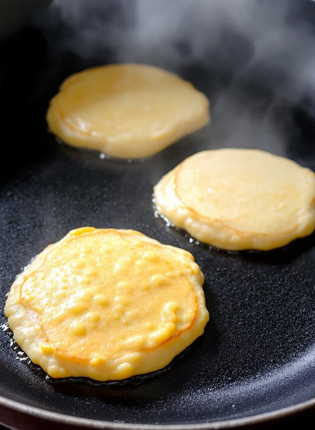 Ww Banana Pancakes (Healthy, Quick &Amp; Flourless Option) 4 Three pancakes at different stages of cooking on a non-stick skillet over medium heat, with steam rising in a backlit scene.