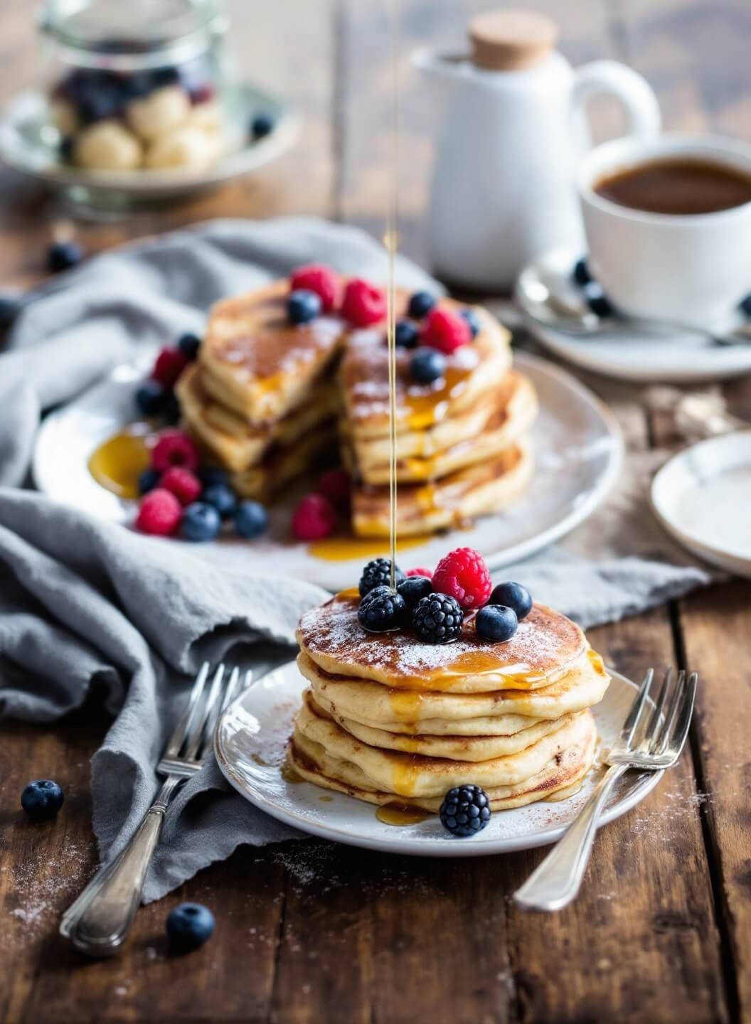 Ww Banana Pancakes (Healthy, Quick &Amp; Flourless Option) 5 Stack of golden-brown banana pancakes topped with fresh berries and dusted with cinnamon, drizzled with honey on a rustic wooden table.