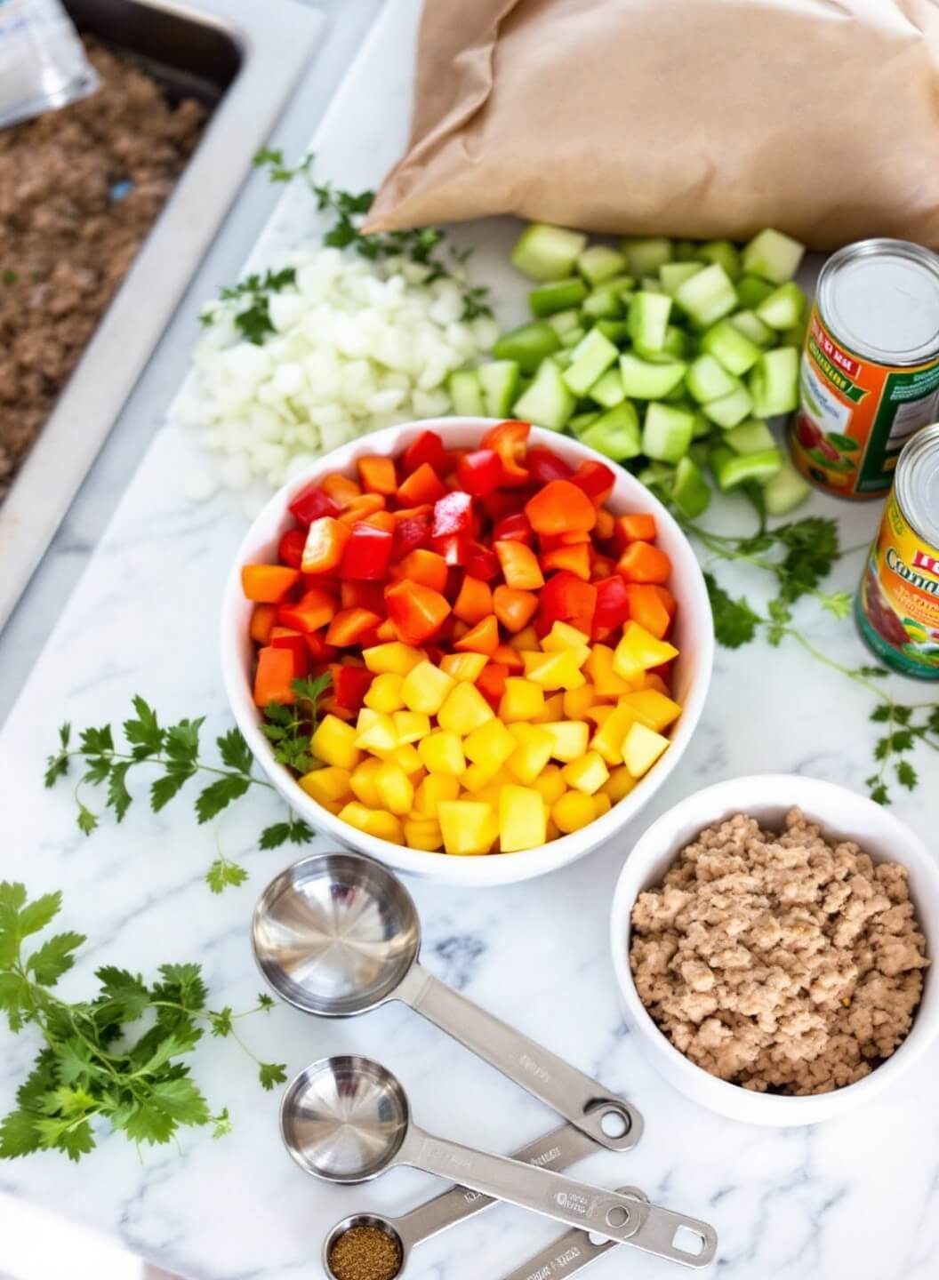 Weight Watchers Taco Soup 3 Bright kitchen countertop with colorful diced vegetables, lean ground turkey, spices in bowls, fresh herbs, canned goods, and stainless steel measuring tools