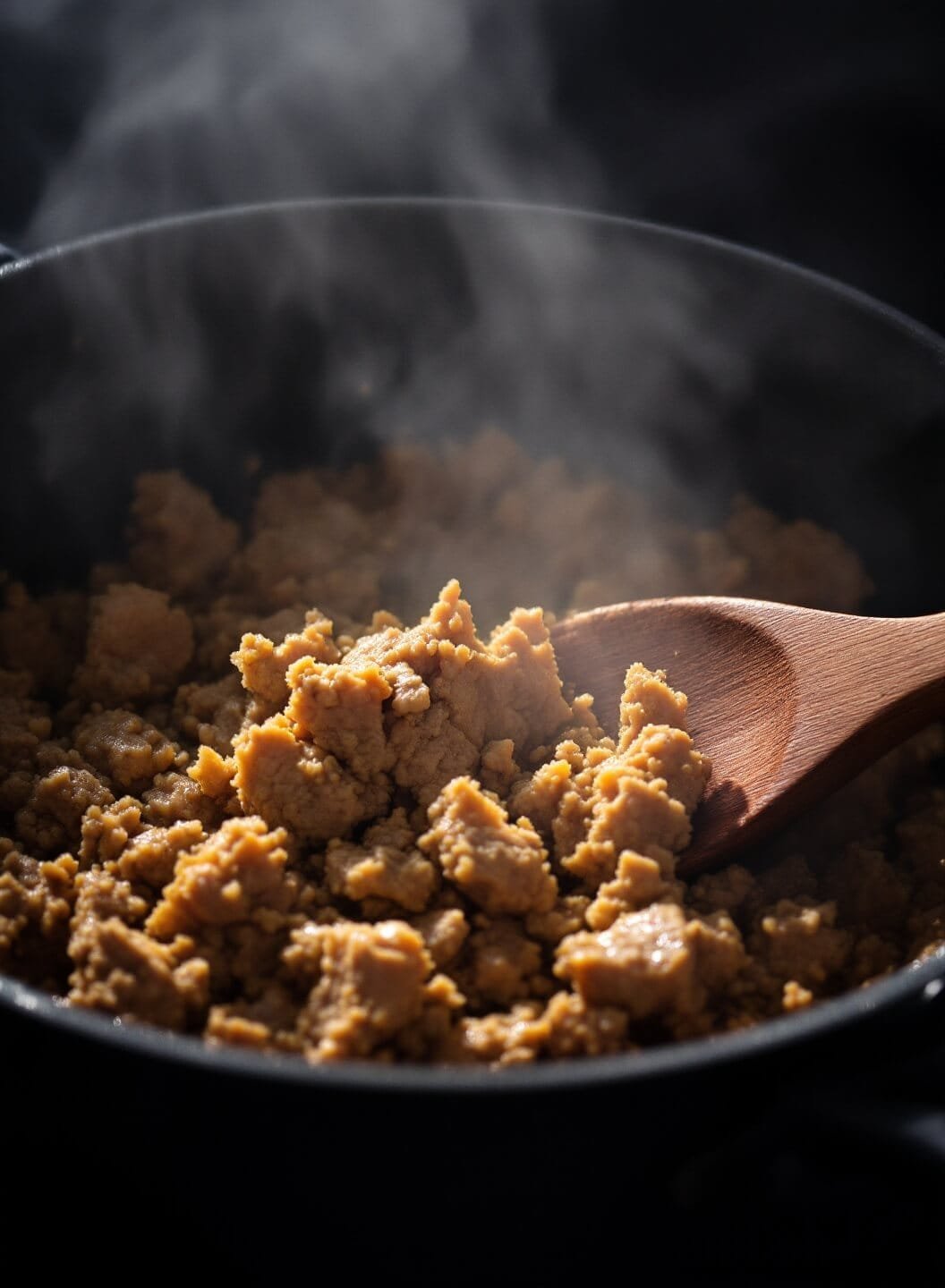 Weight Watchers Taco Soup 4 Ground turkey browning in a dutch oven with steam rising, being separated by a wooden spoon