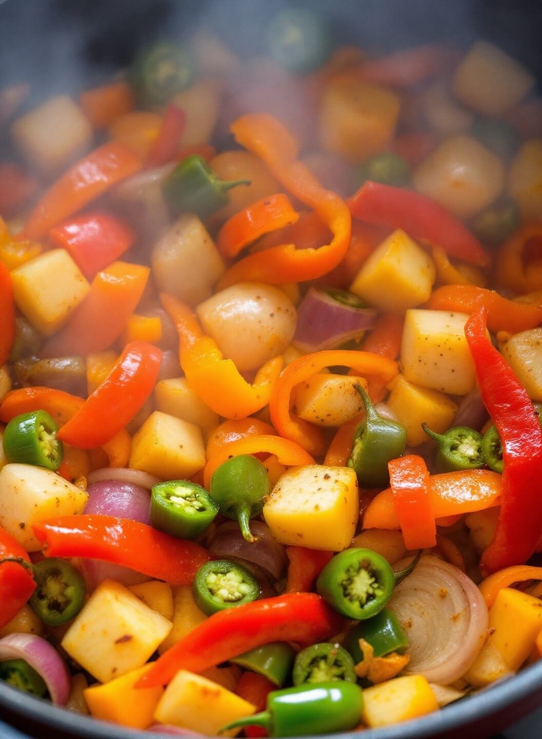 Weight Watchers Taco Soup 5 Colorful vegetables including peppers, onions, and jalapeños sautéing in a pot with steam and herbs