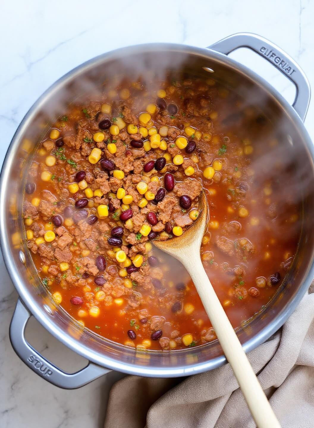 Weight Watchers Taco Soup 6 Overhead view of a simmering soup with beans, corn, and meat in a tomato-based broth with steam rising and a wooden spoon resting on the pot edge.