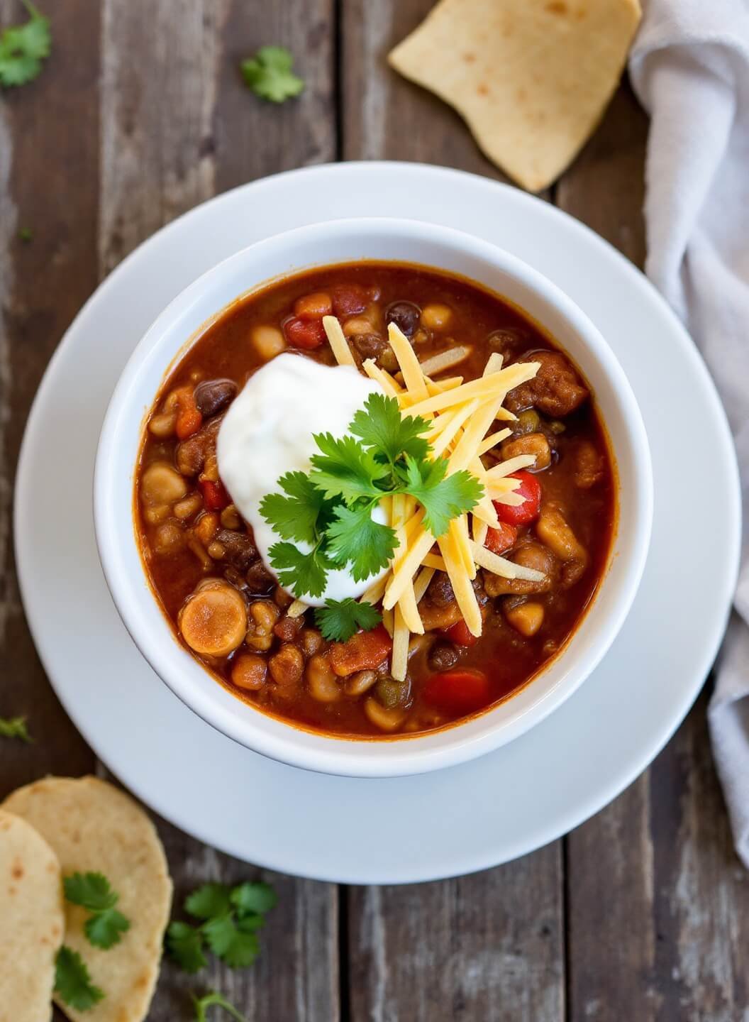 Weight Watchers Taco Soup 7 Garnished taco soup in a bowl with cilantro, fat-free sour cream, reduced-fat cheese, served with tortilla strips on a rustic wooden table.