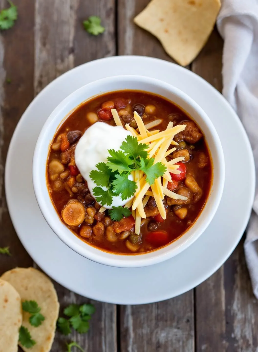 Weight Watchers Taco Soup 7 Garnished taco soup in a bowl with cilantro, fat-free sour cream, reduced-fat cheese, served with tortilla strips on a rustic wooden table.