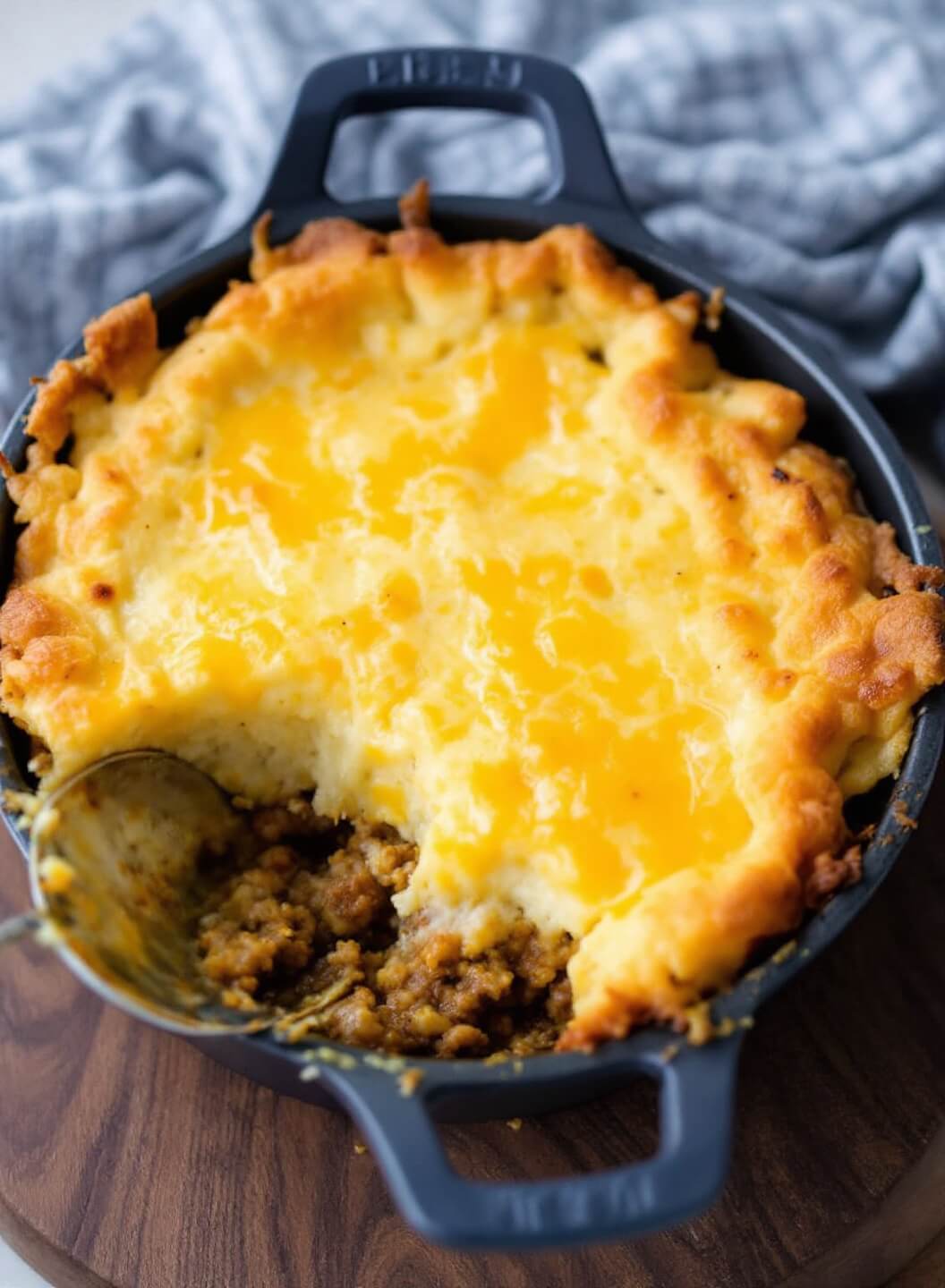 Freshly baked golden-brown shepherd's pie with cauliflower mash and crispy cheese crust