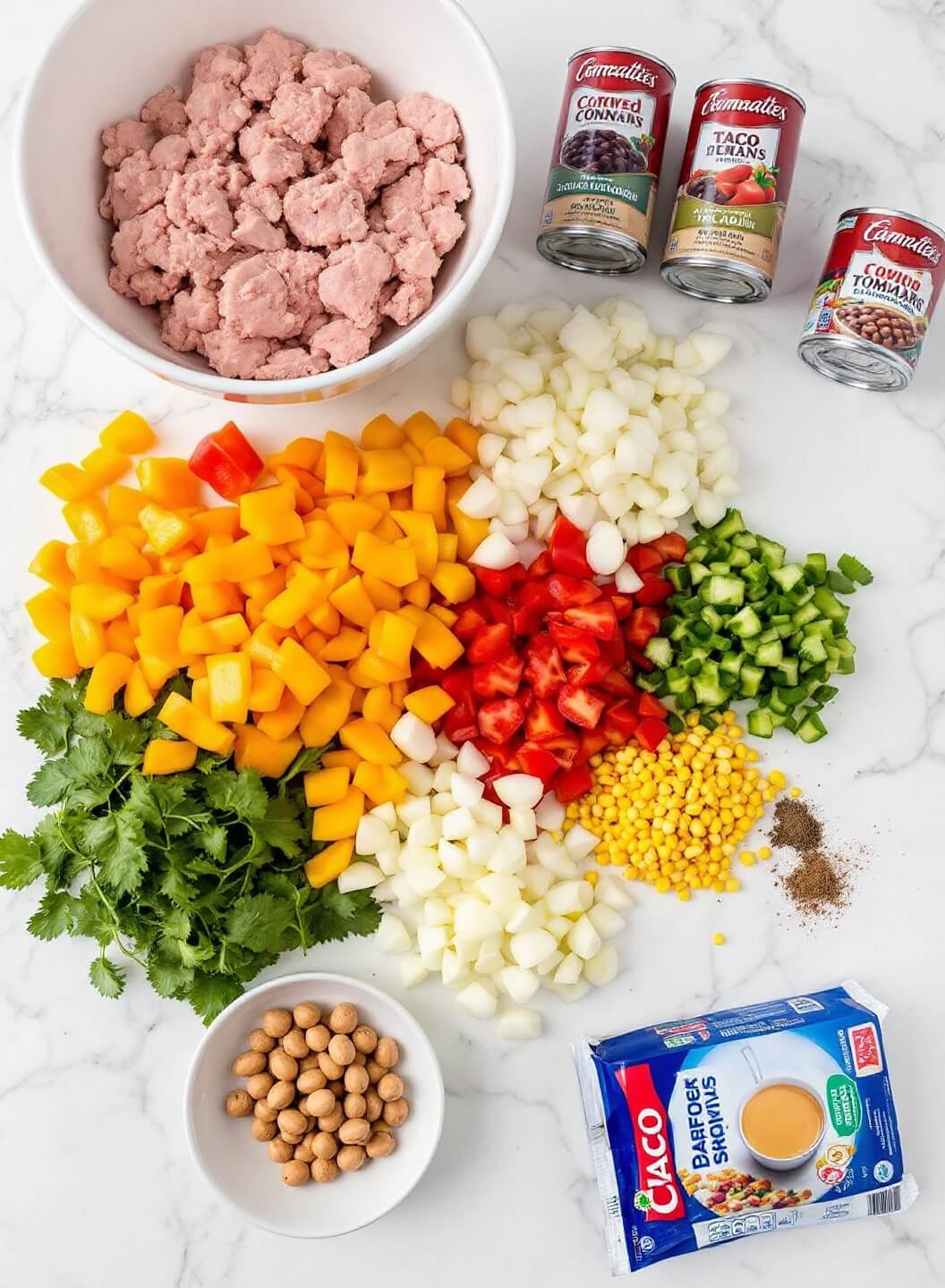 Weight Watchers Taco Soup 3 Ingredients for taco soup meticulously arranged on a pristine white kitchen countertop