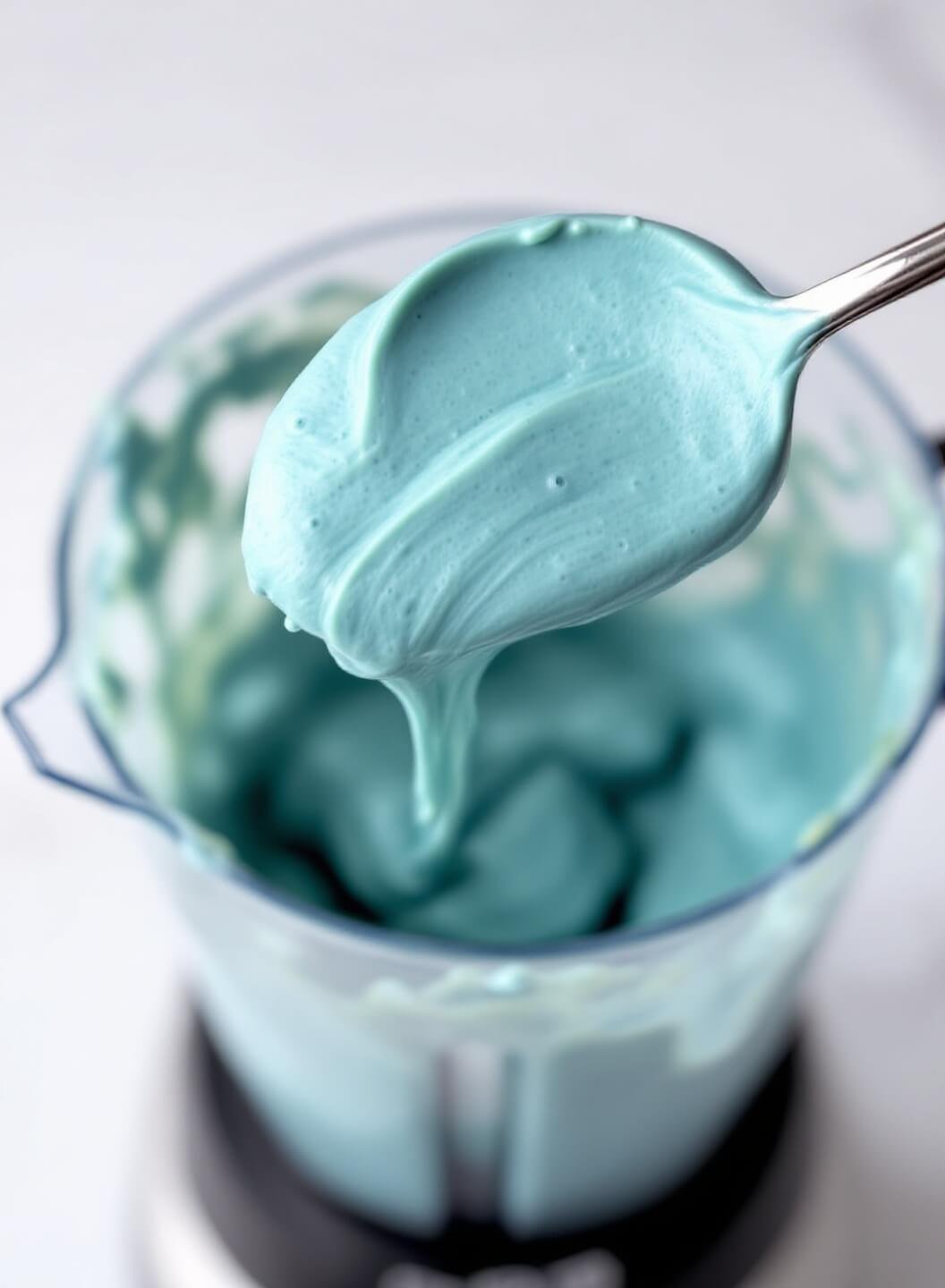 Blue Milkshake Recipe 5 Metal spoon lifting a thick blue milkshake mixture from a blender, showcasing its silky consistency and tiny air bubbles