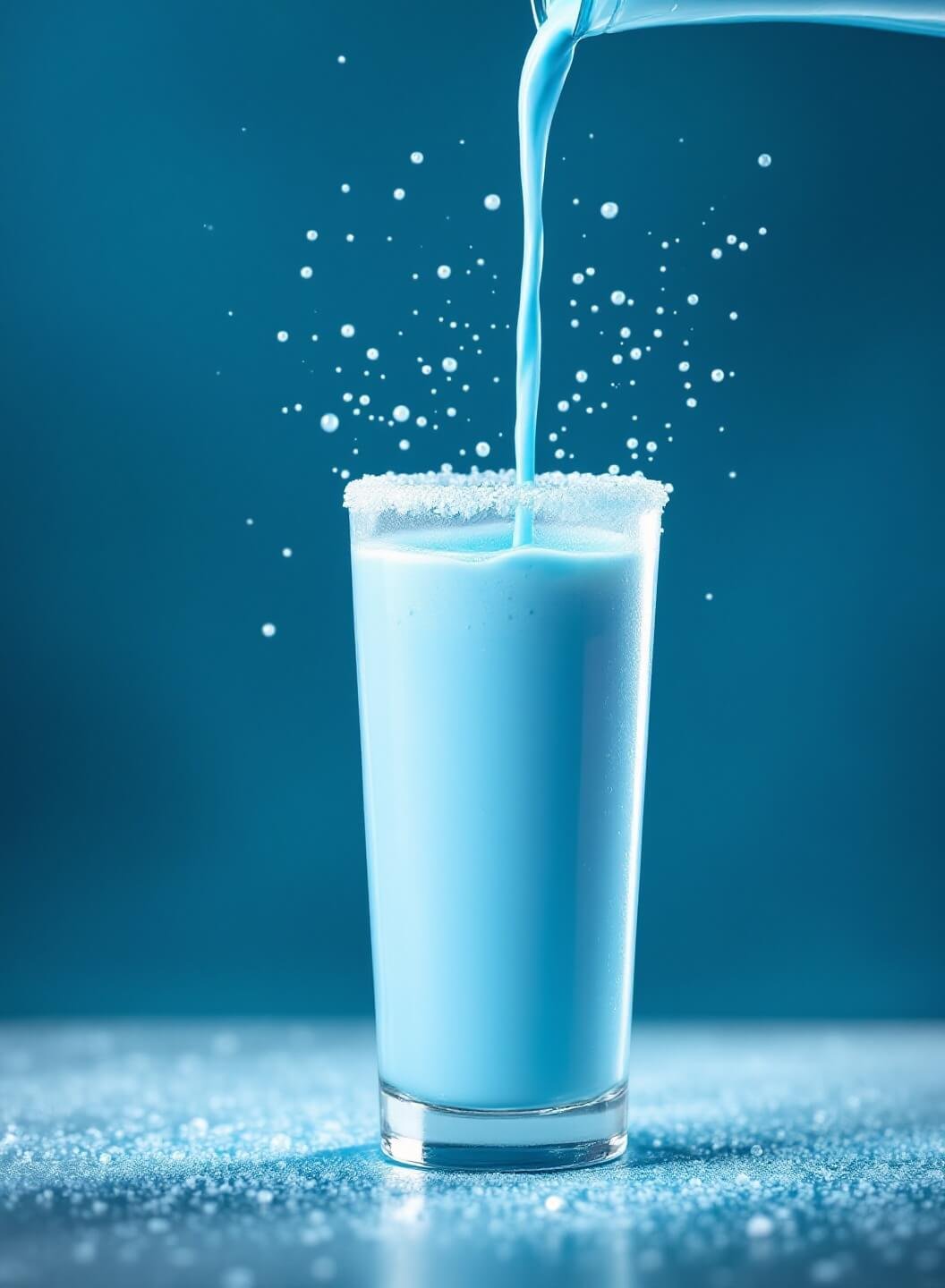 Blue Milkshake Recipe 6 Dynamic blue milkshake being poured into a frost-rimmed glass, lit from behind to highlight creamy texture and small droplets catching the light