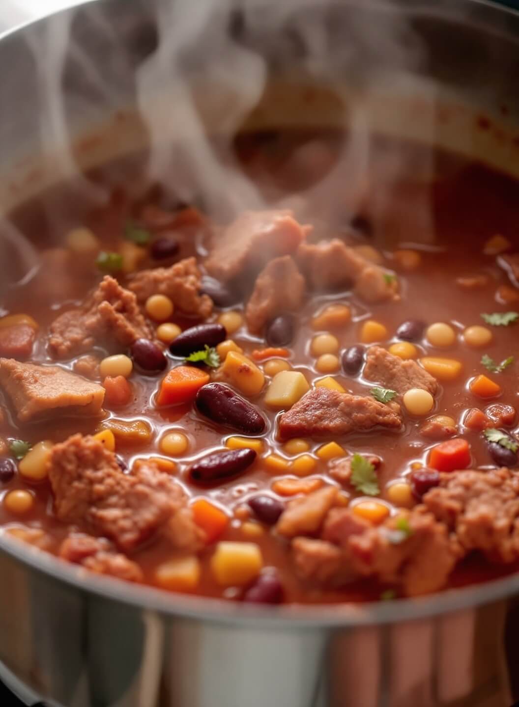 Weight Watchers Taco Soup 6 Bubbling pot of rich red-orange taco soup with visible meat, vegetables, and beans, and steam rising