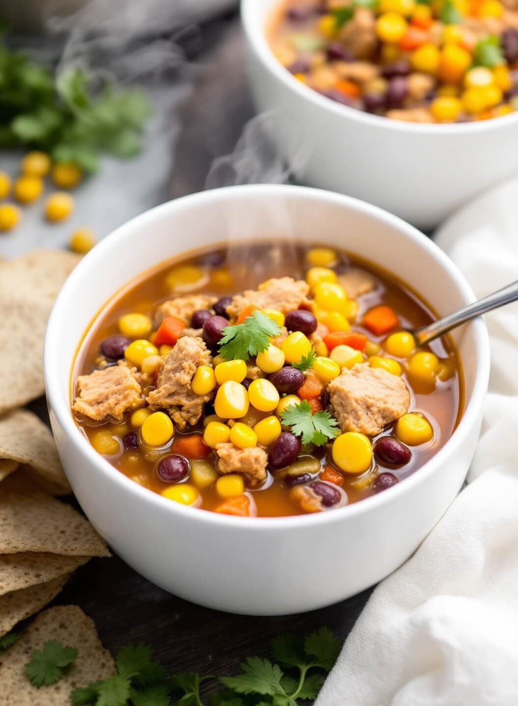 Weight Watchers Taco Soup 8 Steaming bowl of hearty taco soup with turkey, beans, corn, and vegetables