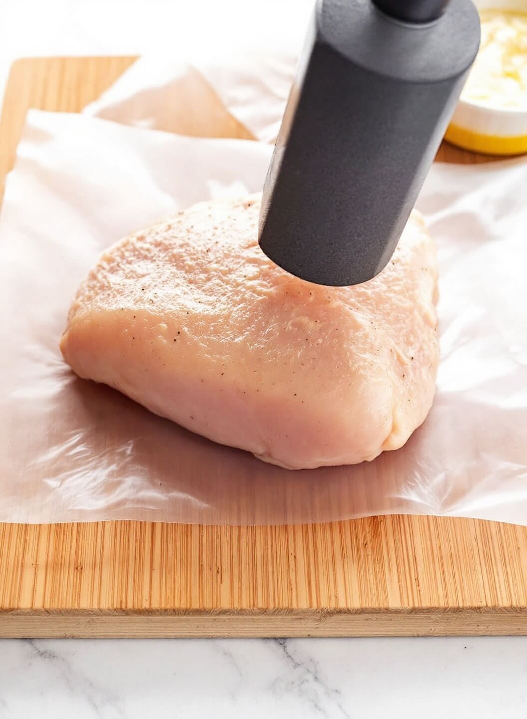 Keto Chicken Cordon Bleu 3 Chicken breast being pounded to 1/4 inch thickness between plastic wrap on a cutting board with a kitchen mallet