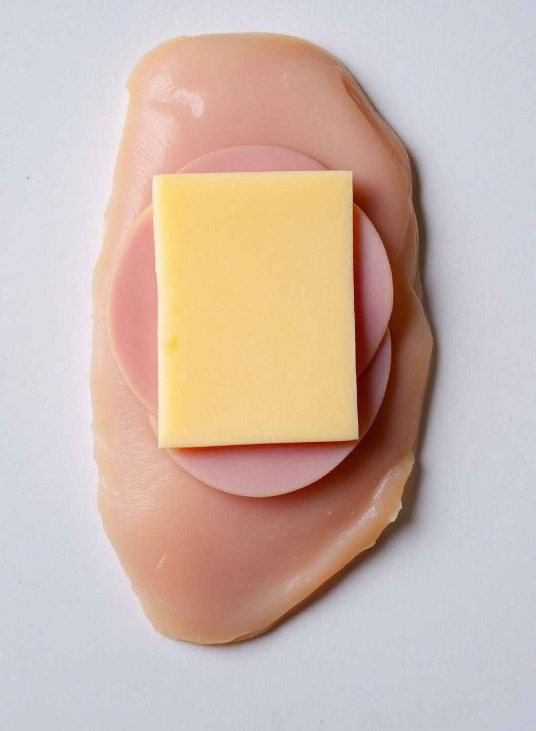 Keto Chicken Cordon Bleu 4 Flattened chicken breast topped with overlapping ham slices and swiss cheese on a light surface