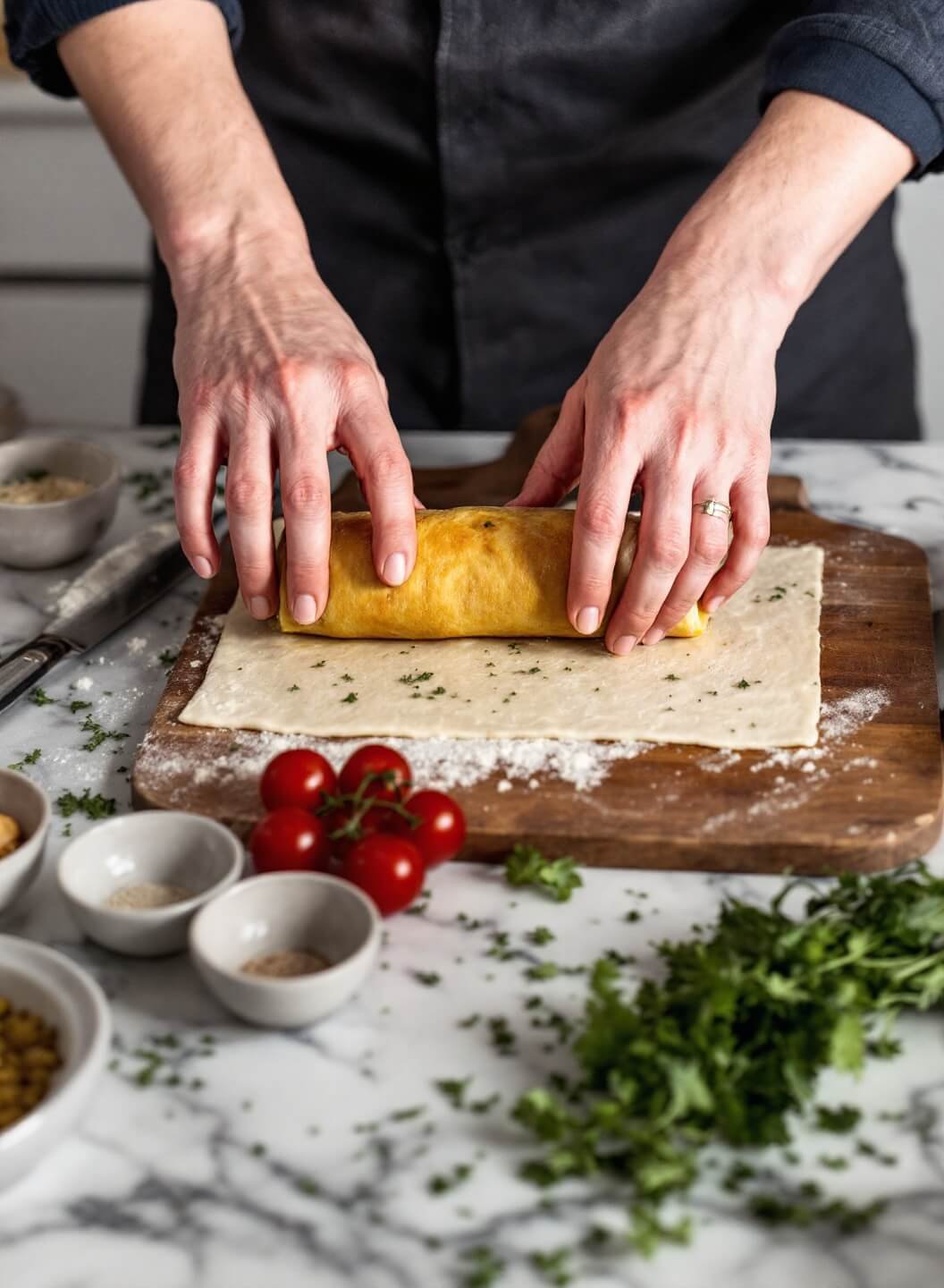 Hands rolling a turkey roulade with kitchen twine and herbs scattered on a marble counter.