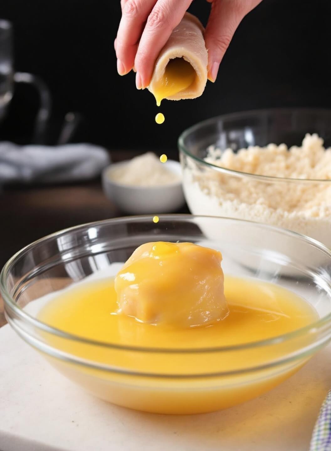 Keto Chicken Cordon Bleu 6 Chicken breast being dipped in egg next to bowl of almond flour and parmesan mixture