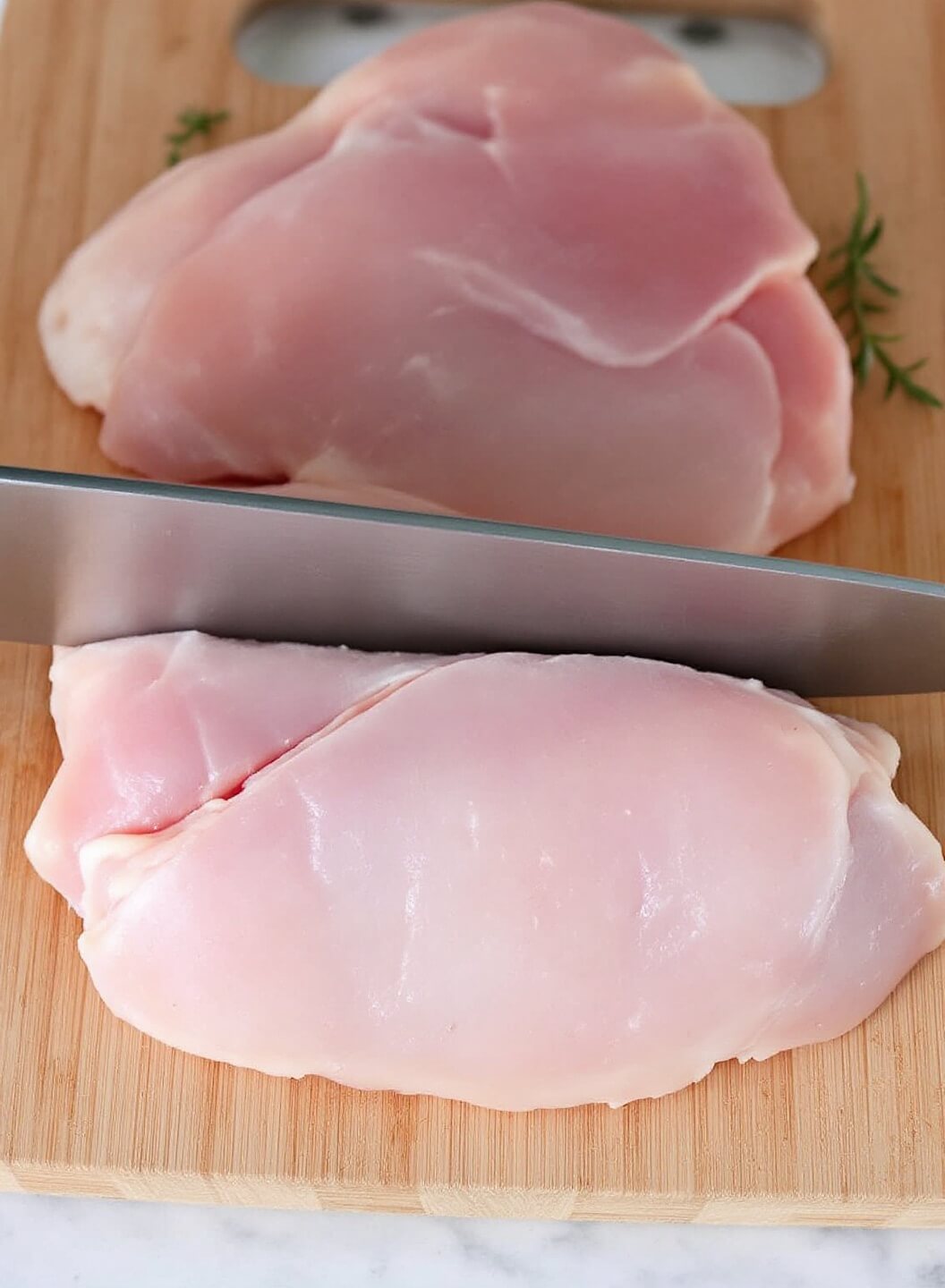 Crispy Buffalo Chicken Breast (3 Ways) 3 Raw chicken breast being sliced into two cutlets on a wooden cutting board under natural light