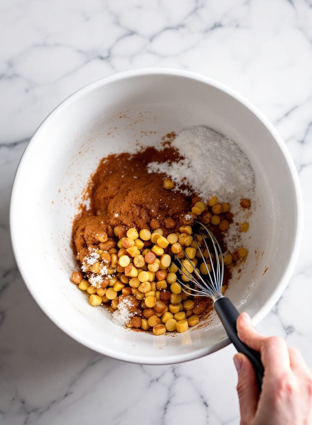 Classic Banana Bread Recipe (That Never Fails!) 4 Wet ingredients being mixed in a bowl on a marble countertop