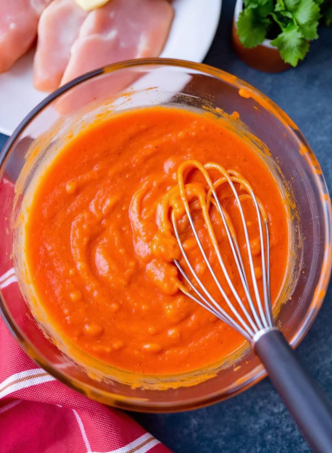 Crispy Buffalo Chicken Breast (3 Ways) 5 Mixing vibrant buffalo sauce with melted butter in a glass bowl with chicken cutlets nearby ready to be marinated