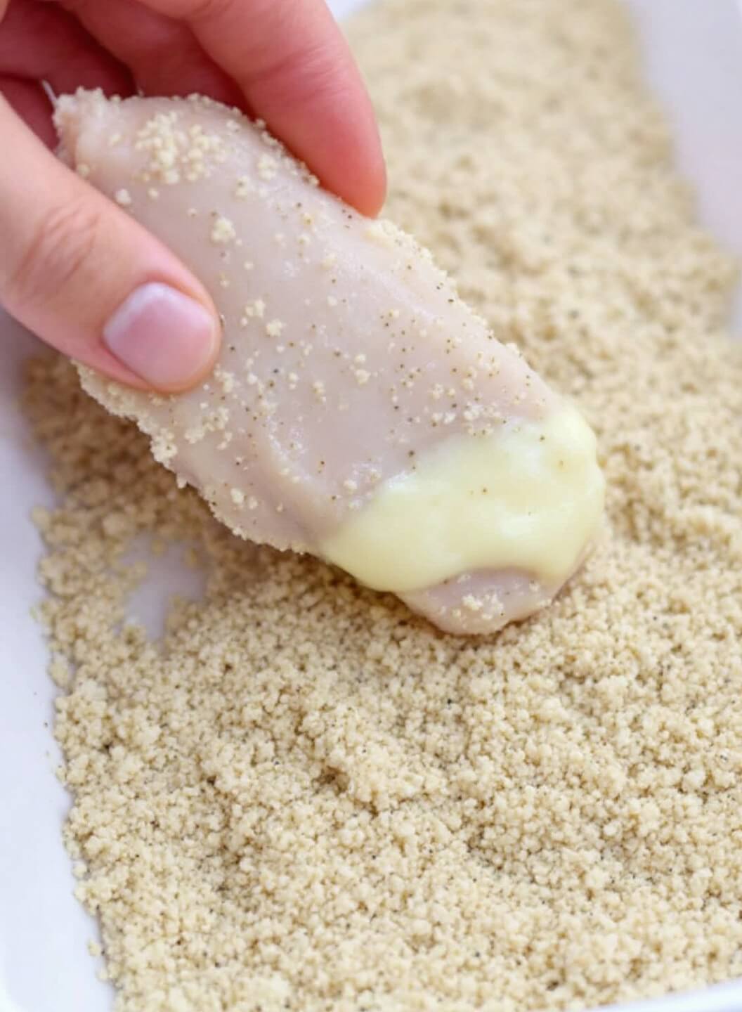Crispy Buffalo Chicken Breast (3 Ways) 6 Marinated chicken cutlet being dipped in melted butter before coating with seasoned panko breadcrumbs in a shallow white dish.