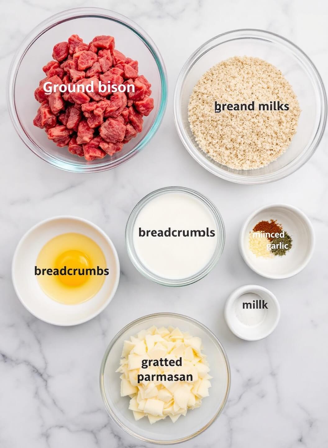 Bison Meatballs: Lean &Amp; Flavorful Italian-Style 3 Ingredients for bison meatballs arranged in individual bowls on a marble kitchen counter