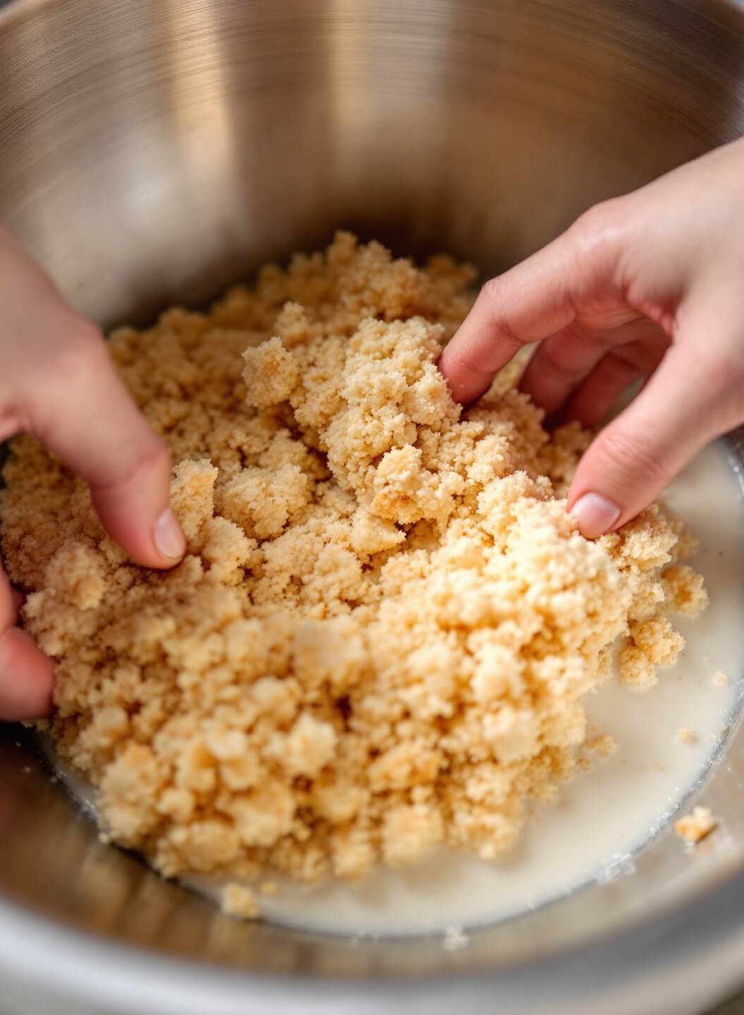 Bison Meatballs: Lean &Amp; Flavorful Italian-Style 4 Hands carefully mixing milk and breadcrumbs in a stainless steel bowl to create a panade in soft natural light