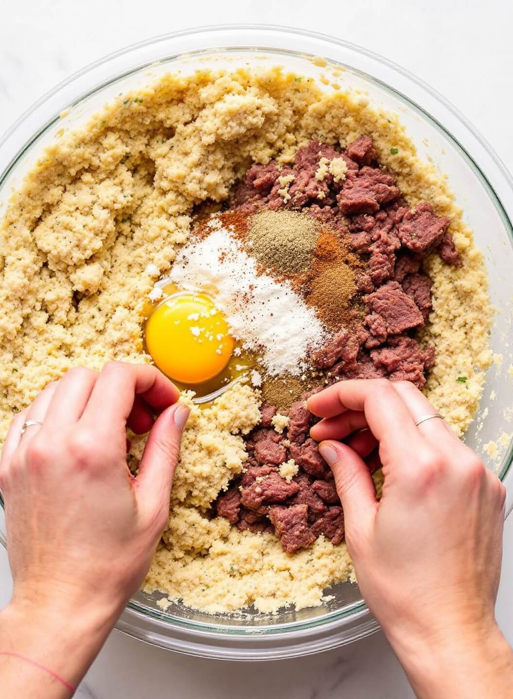 Bison Meatballs: Lean &Amp; Flavorful Italian-Style 5 Hands gently mixing ground bison, egg, and seasonings with panade in a large bowl to avoid overmixing